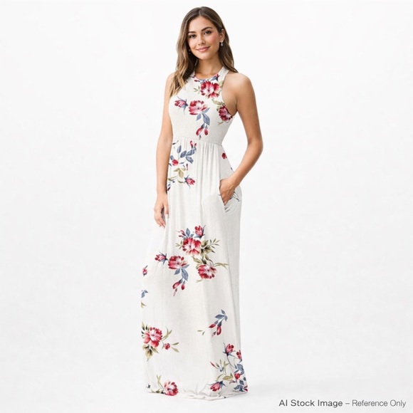 Grecerelle Dresses & Skirts - Grecerelle Floral Racerback Maxi Dress Small Ivory Pink Stretchy